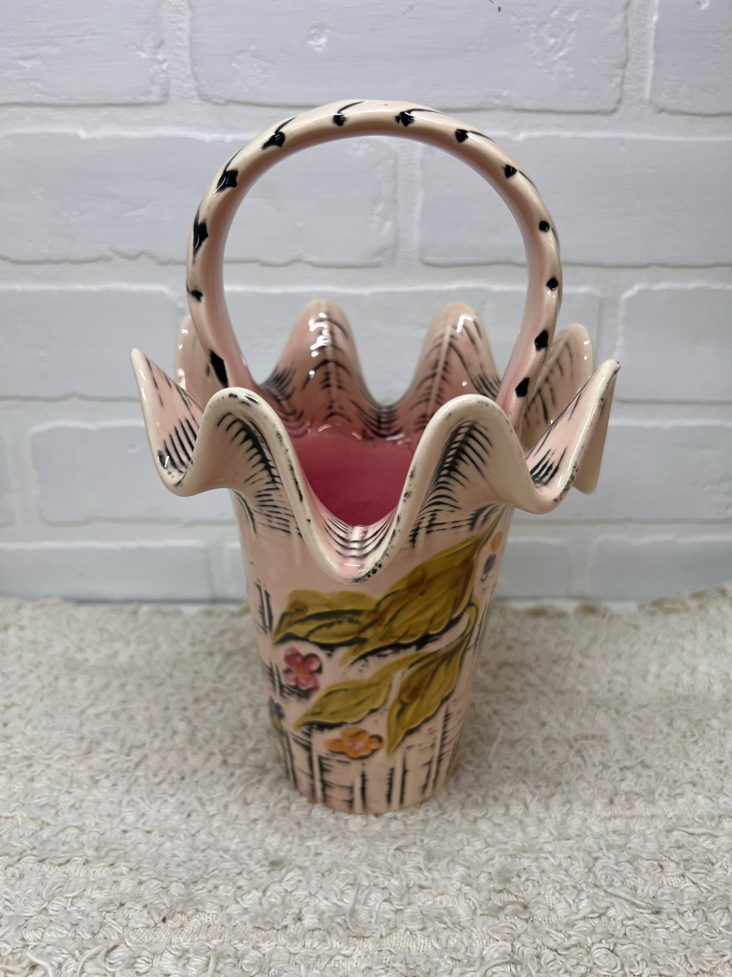 Hull Pottery 1950's 'Flite' T4 Pink Basket Vase