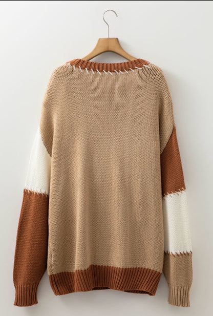 Light French Beige Contrast Stitch Detail Color Block Knit Sweater