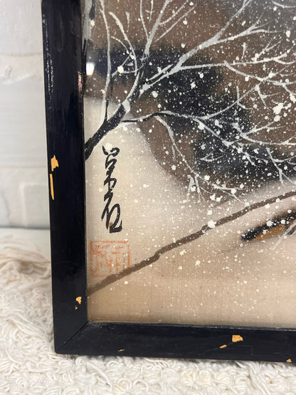 Vintage Framed Painting on Silk - Japanese Snowy Village Scene