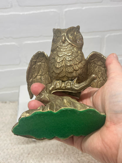 Vintage Brass Owl Perched on Branch MCM