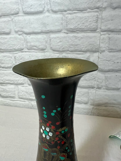 Set of two vintage painted brass peacock vases