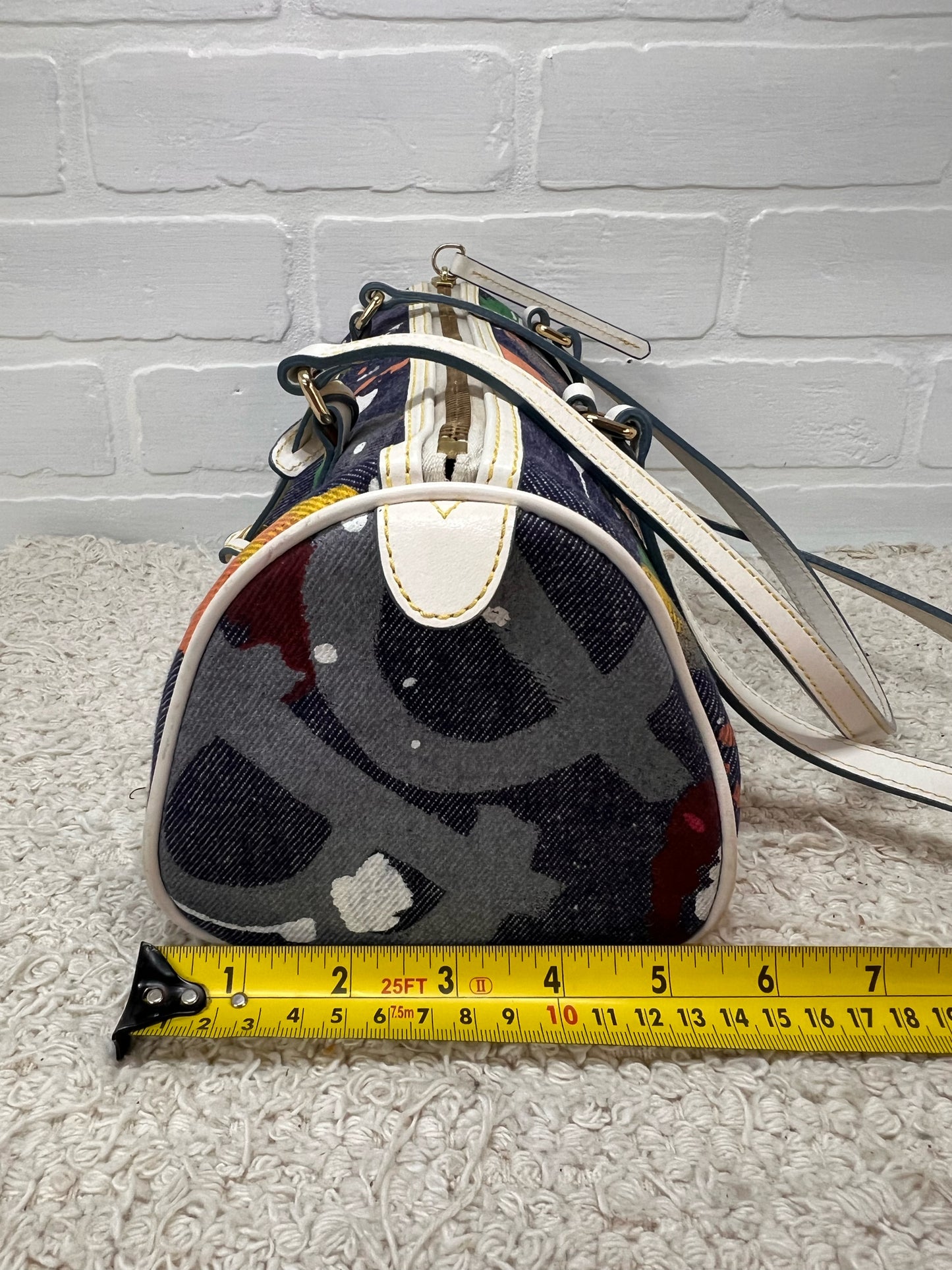 Dooney & Bourke Y2K Era Denim Paint Spatter Barrel Bag w/ Leather Trim