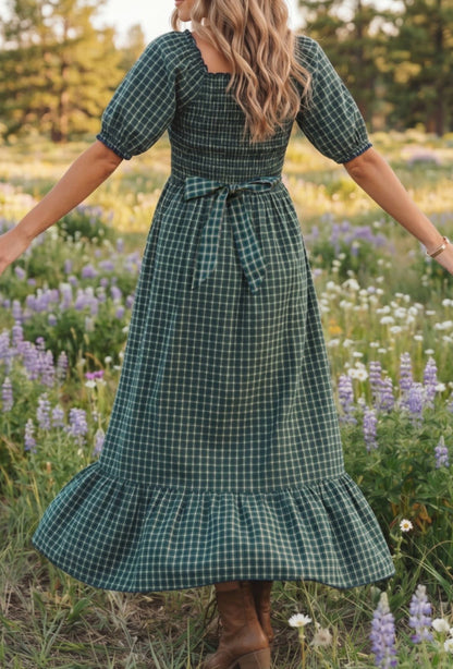 Green Plaid Square Neck Shirred High Wast Dress w/ Ruffle Hem