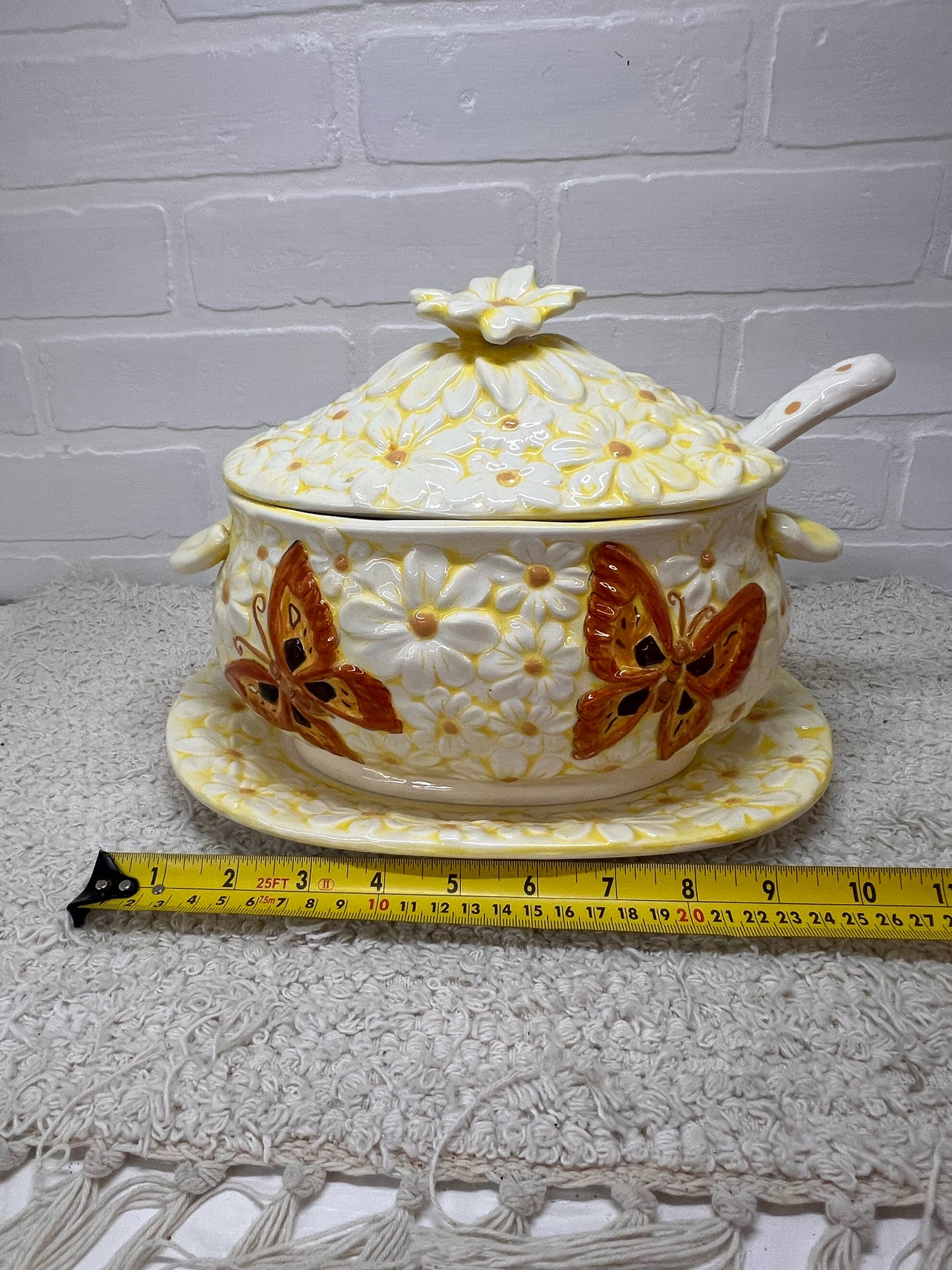 Vintage Covered Tureen with Underplate & Ladle - Daisies & Butterflies
