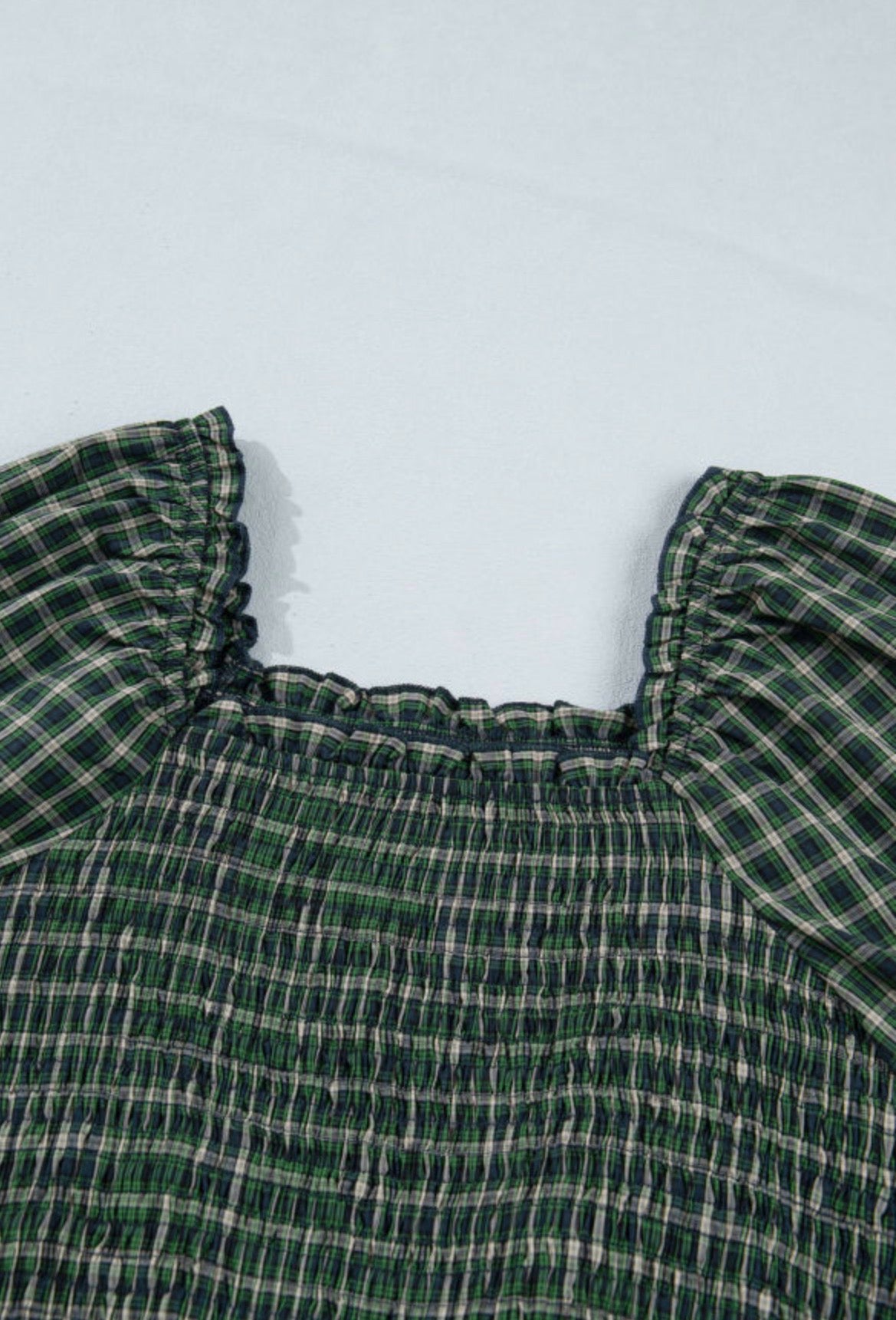 Green Plaid Square Neck Shirred High Wast Dress w/ Ruffle Hem