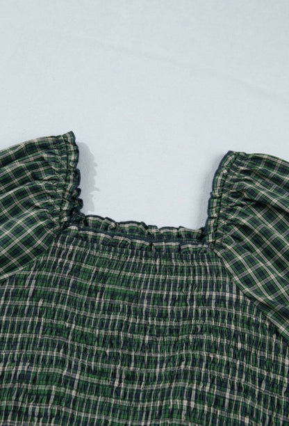 Green Plaid Square Neck Shirred High Wast Dress w/ Ruffle Hem