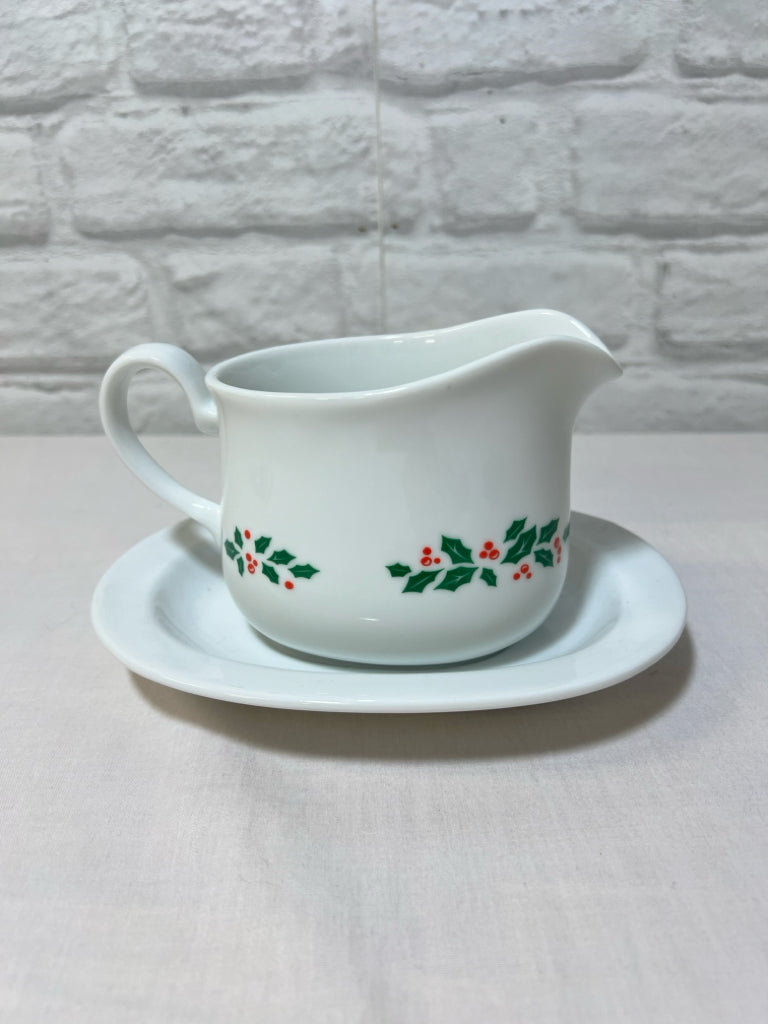 Corning Ware holiday gravy boat with under plate