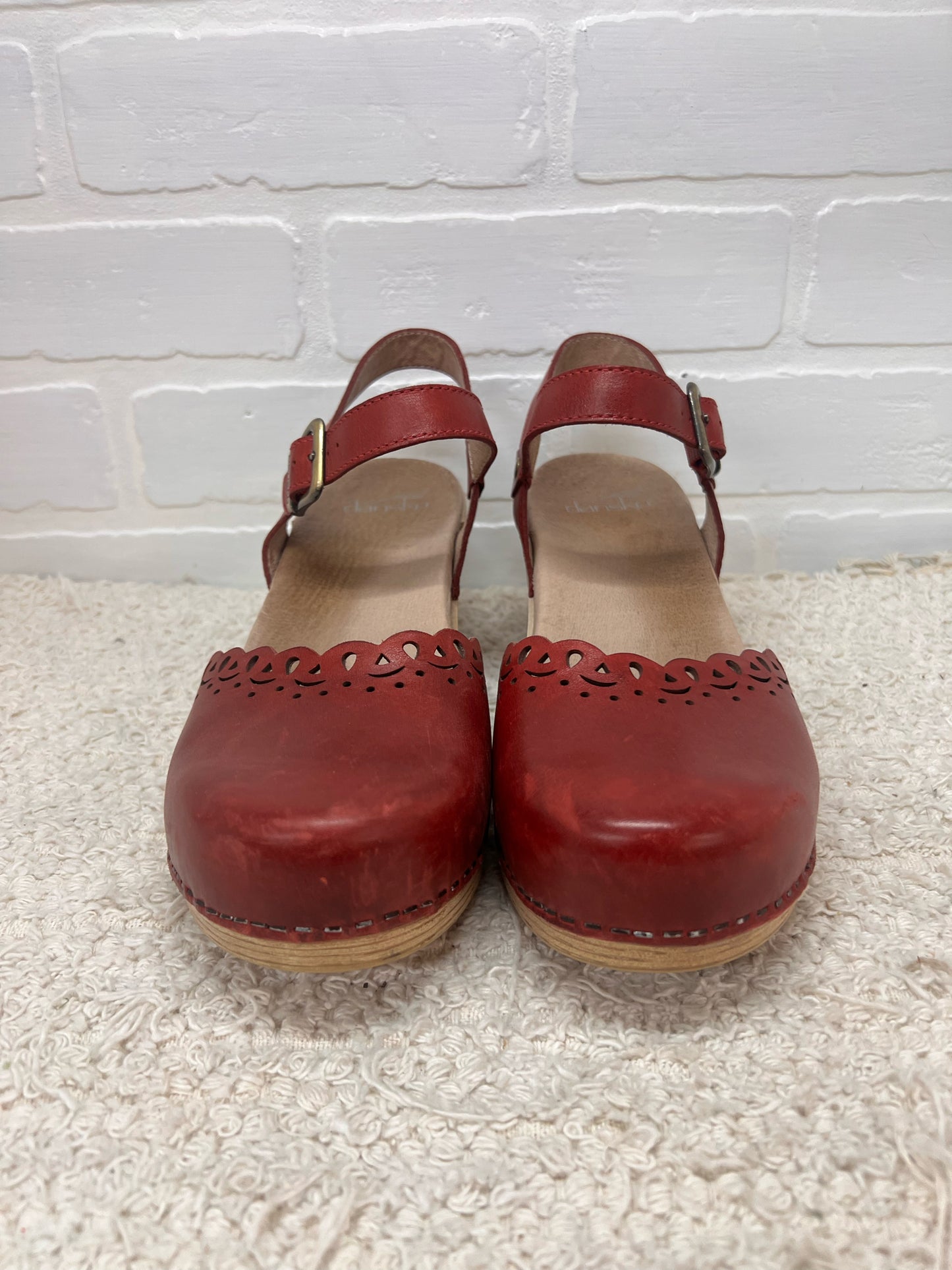 Shoe Size 39 Dansko Red Mary Jane Style Leather & Wood Clogs