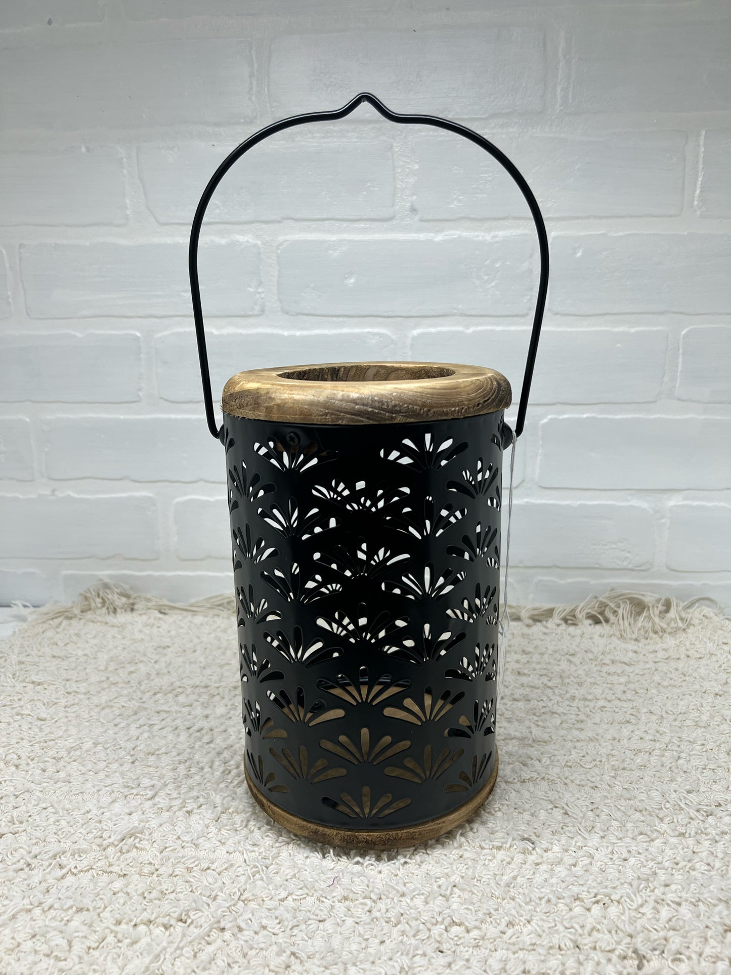 Black metal and wood lantern