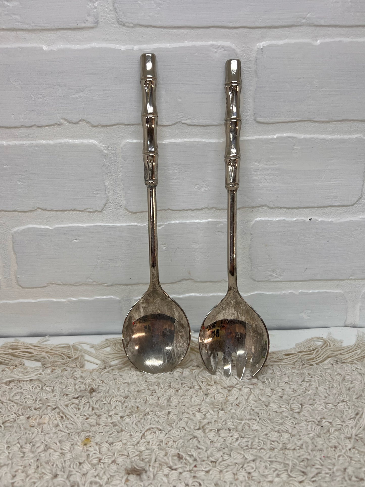 Vintage Cut Glass Serving Bowl w/ Silver Plated Trim and Serving Utensils