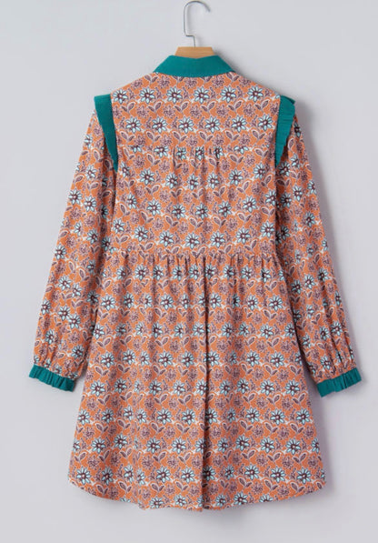 Orange Floral Contrast Collared Shirt Mini Dress