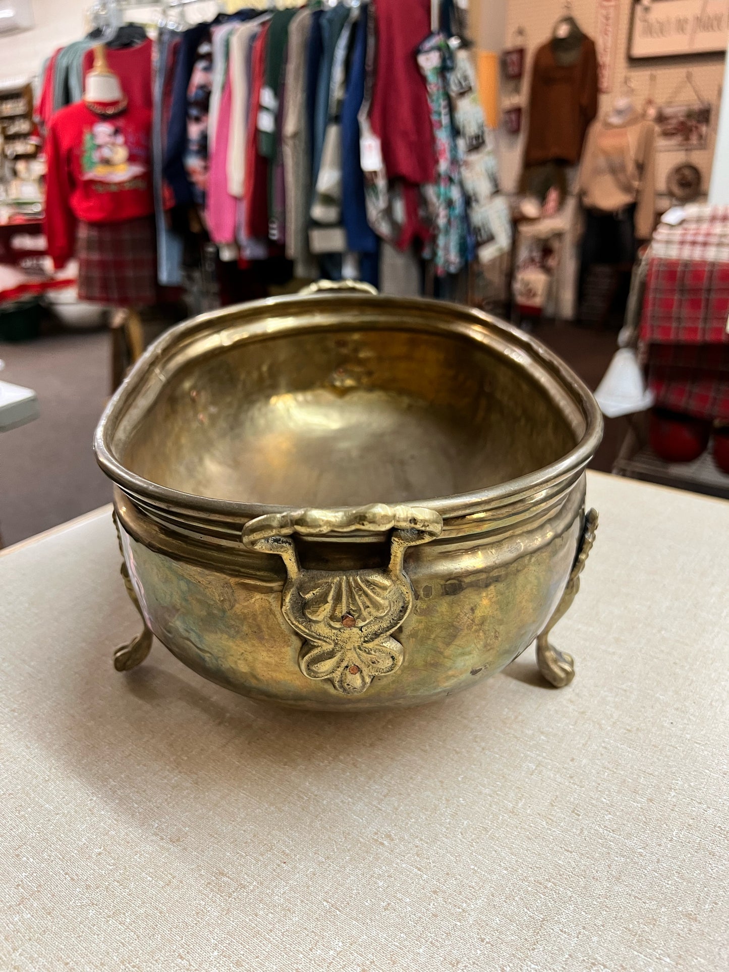 Footed hammered brass shallow oval planter