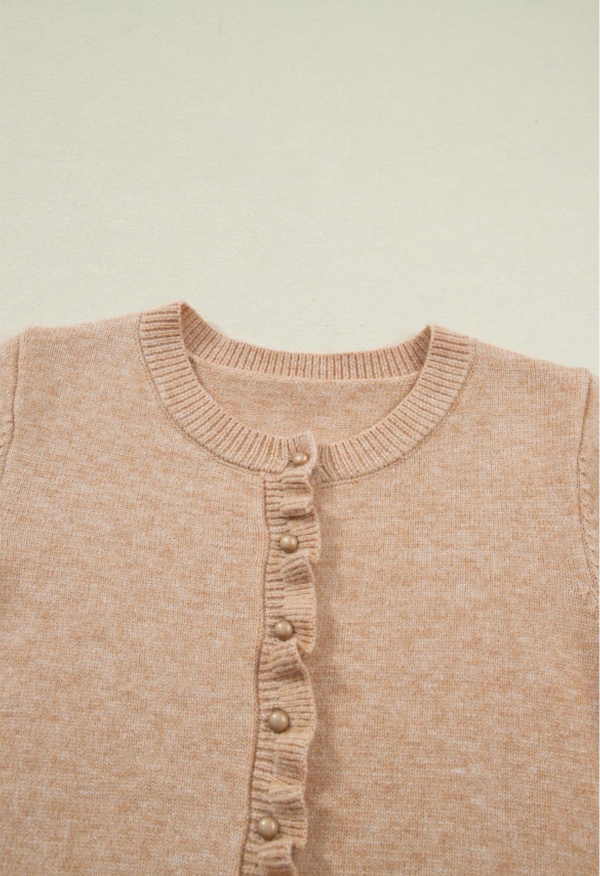 Oatmeal Ruffle Trim Gold Button Cardigan Sweater