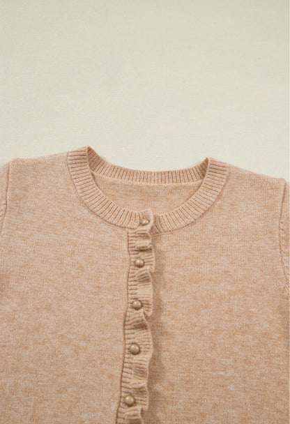 Oatmeal Ruffle Trim Gold Button Cardigan Sweater