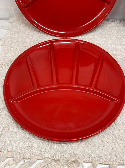 Set of 4 Vintage Red Enamelware Plates - Divided