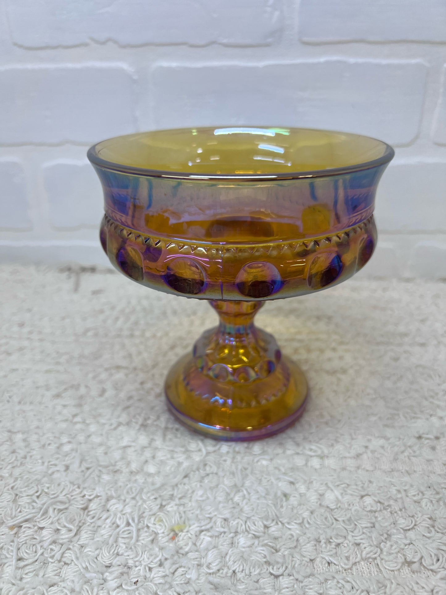 Indiana Glass Kings Crown Iridescent Carnival Glass Compote