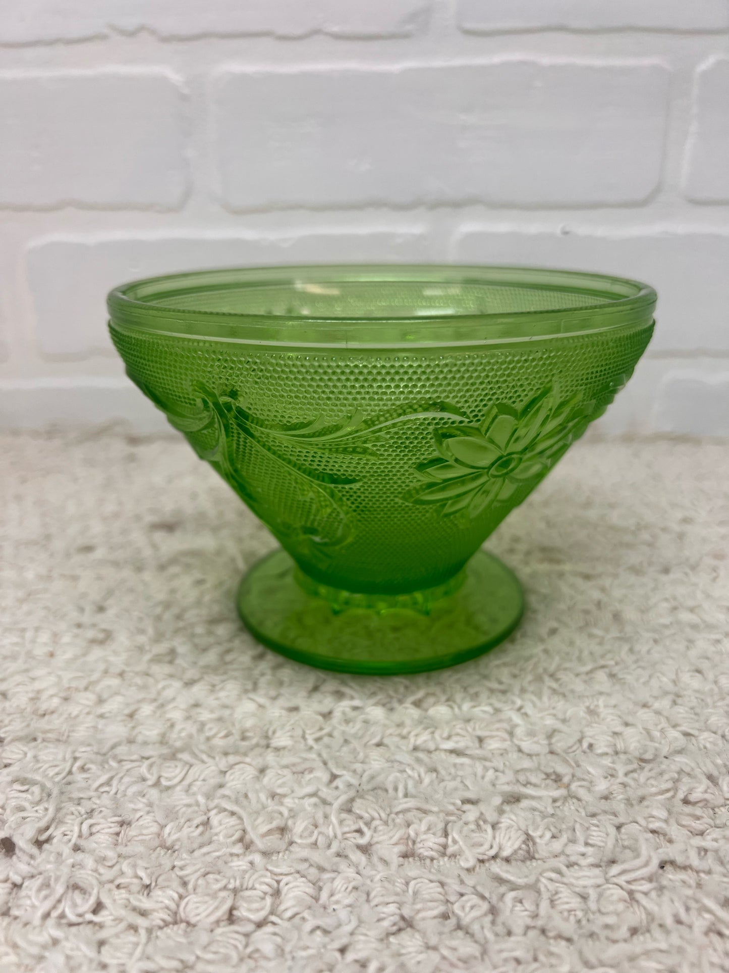 Vintage Uranium Glass Pressed Glass Floral Footed Bowl