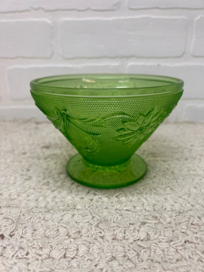 Vintage Uranium Glass Pressed Glass Floral Footed Bowl