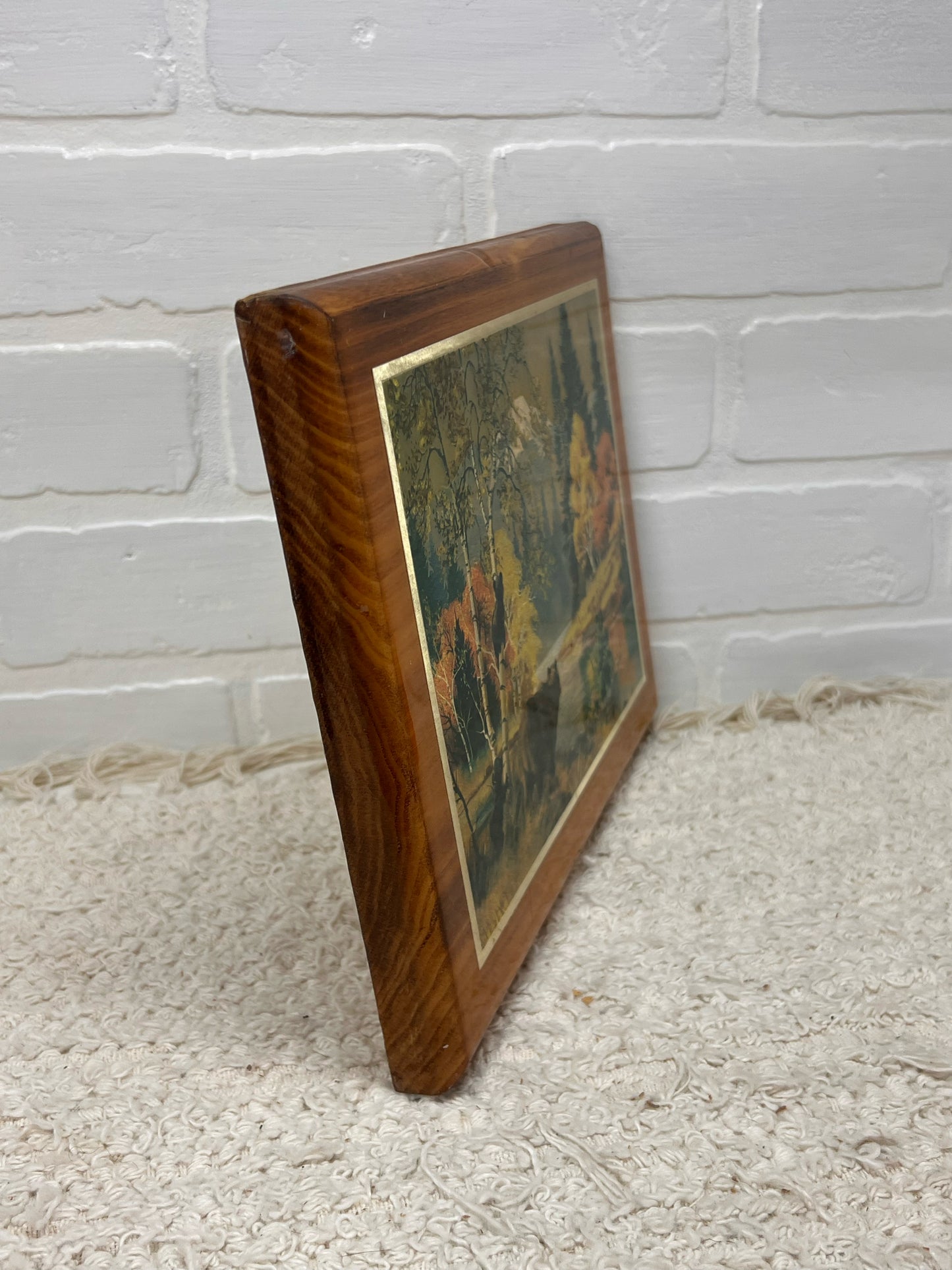 Vintage Foil Art Bear & Cubs Fall Scene on Wood