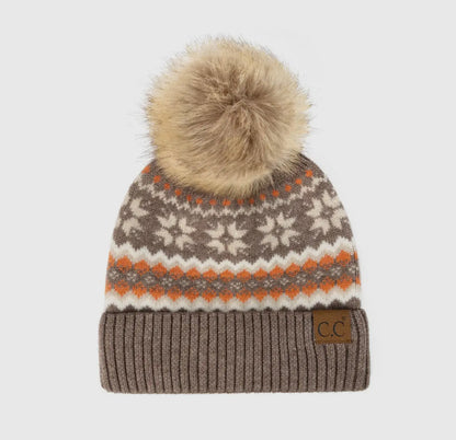 Cozy CC Fair Isle Pom Beanie | Winter Knit Hat in Neutral Tones