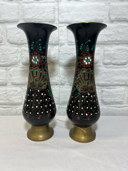 Set of two vintage painted brass peacock vases