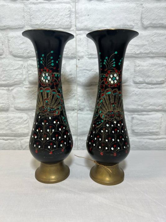 Set of two vintage painted brass peacock vases
