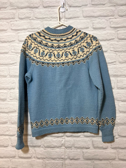 Size S Norway Design Blue, White & Gray Fair Isle Knit Wool Cardigan