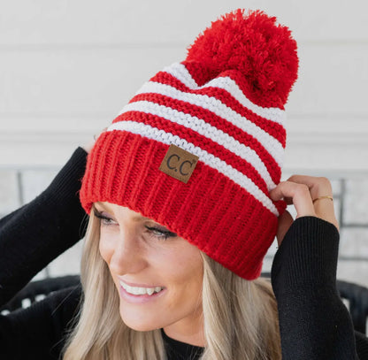CC Chunky Knit Striped Pom Beanie – Red & White Winter Hat