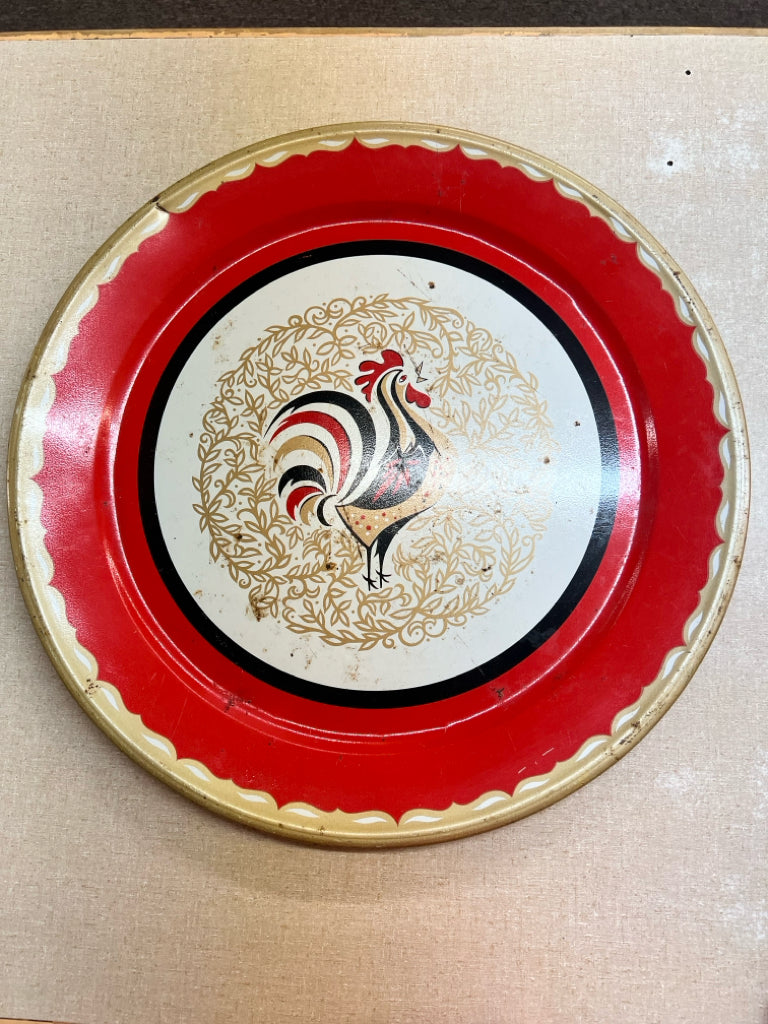 Large round metal rooster serving tray