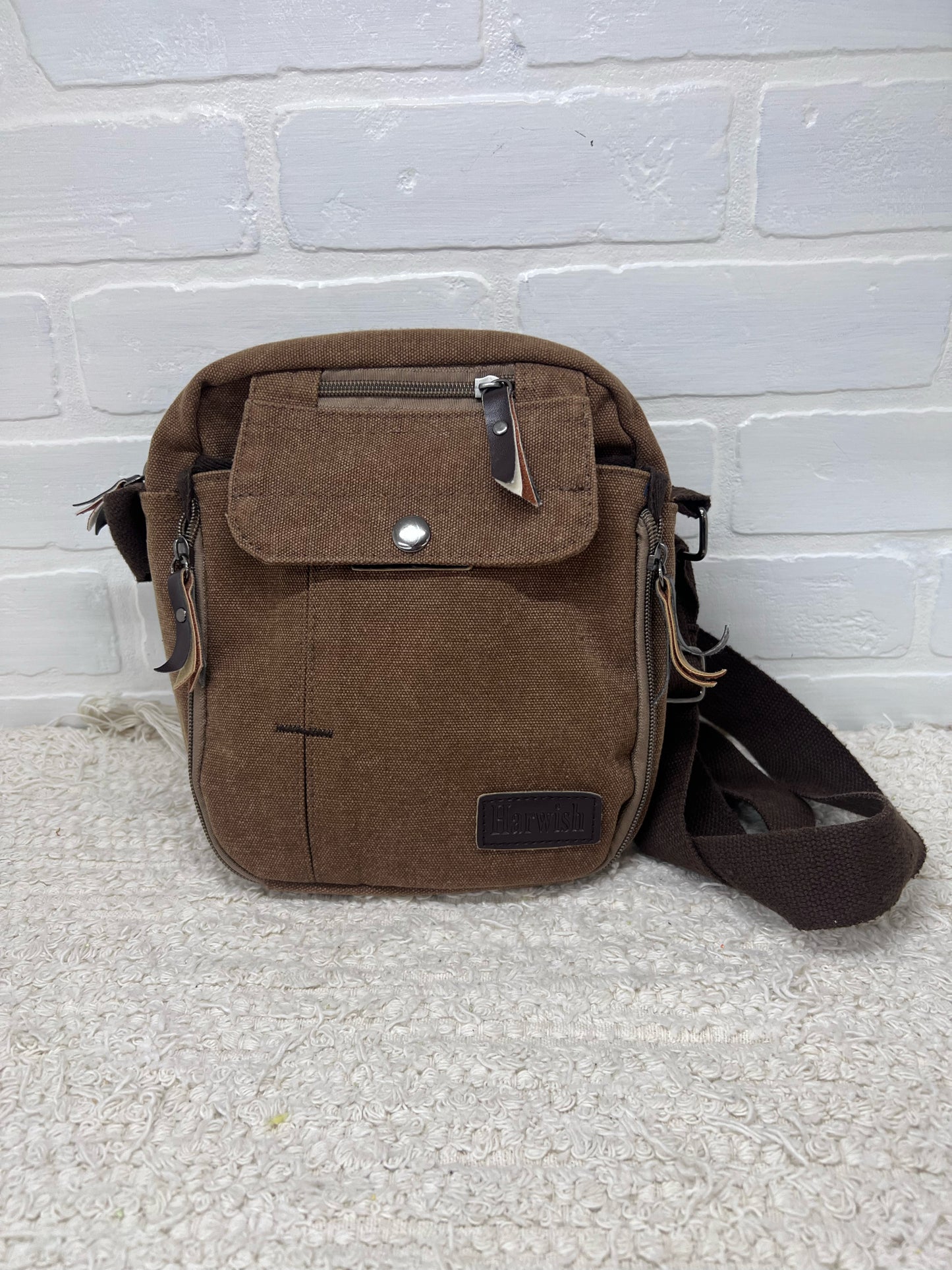 Harwish  Brown Canvas Square Crossbody Bag