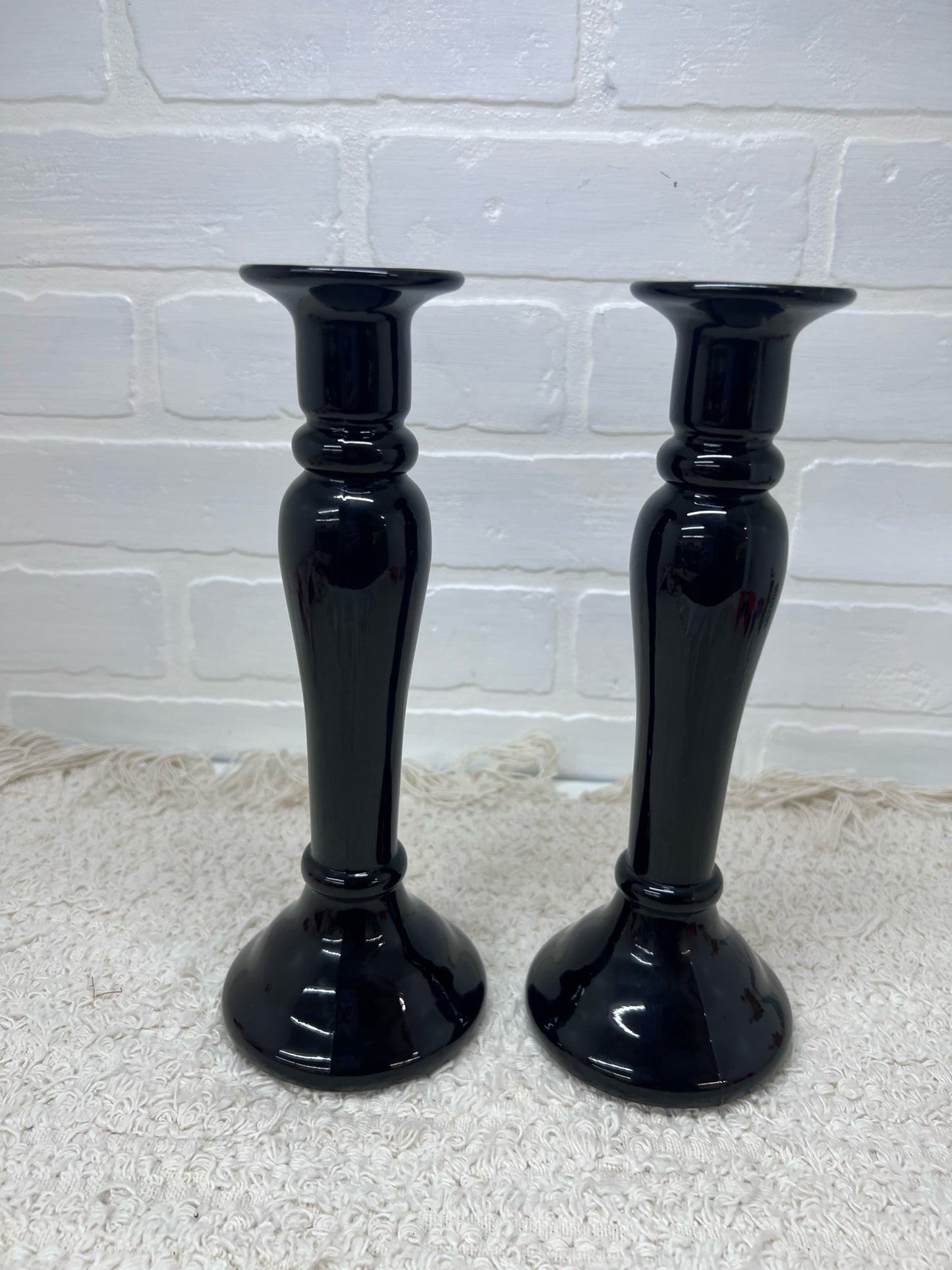 Vintage Black Art Glass Taper Candle Holders 10"