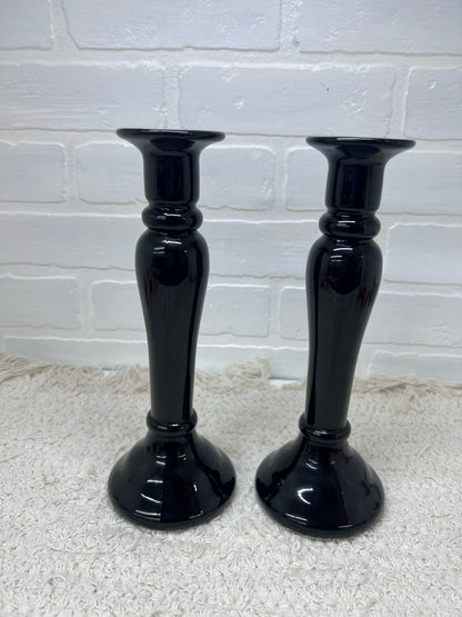 Vintage Black Art Glass Taper Candle Holders 10"