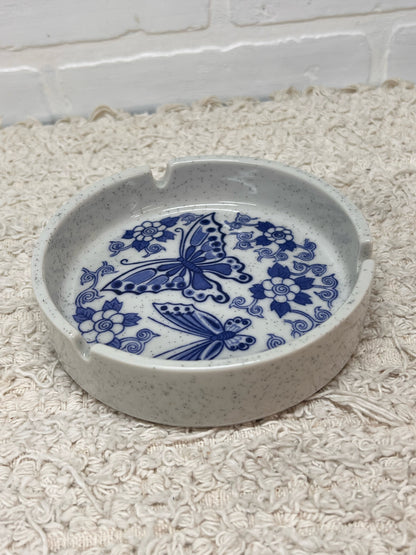 Vintage Cermic Ash Tray with Blue Butterfly Floral Design