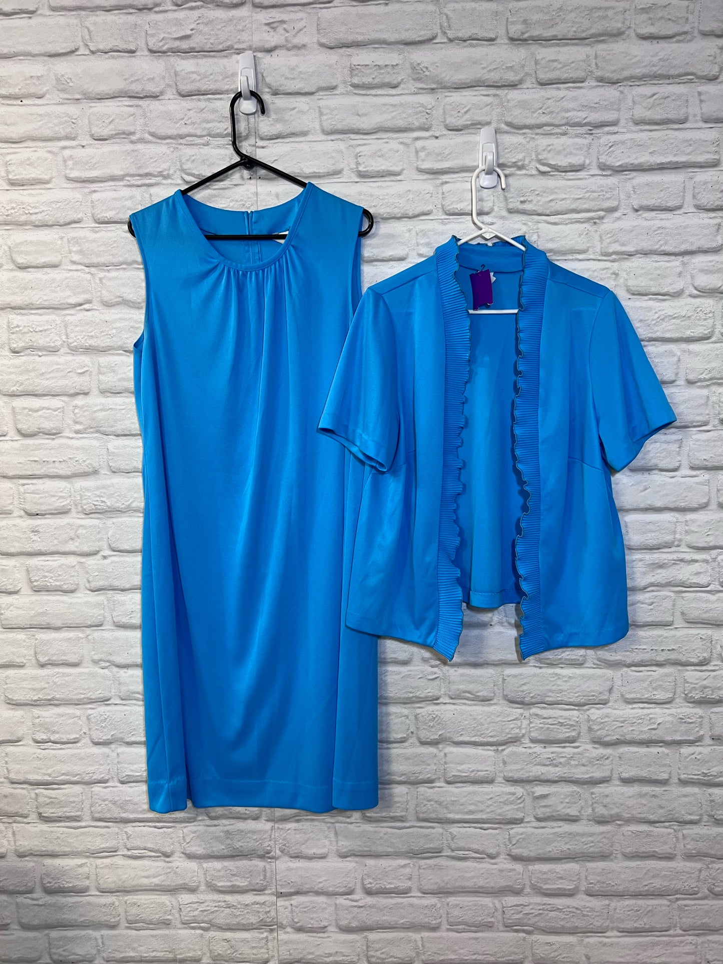 Vintage Dress Set - Blue Sleeveless Dress w/ Ruffle Cardigan