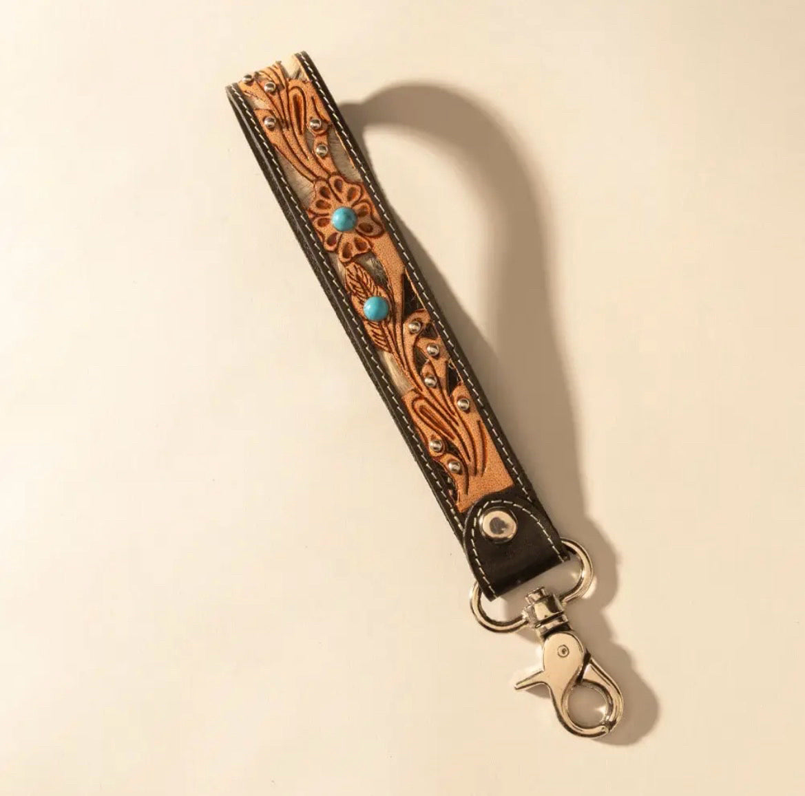 Myra Bag River Glen Handtooled Hairon Leather Key Fob in Espresso Turquoise