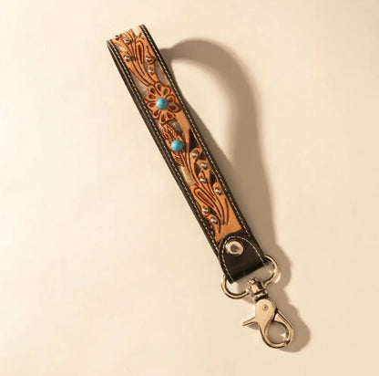 Myra Bag River Glen Handtooled Hairon Leather Key Fob in Espresso Turquoise