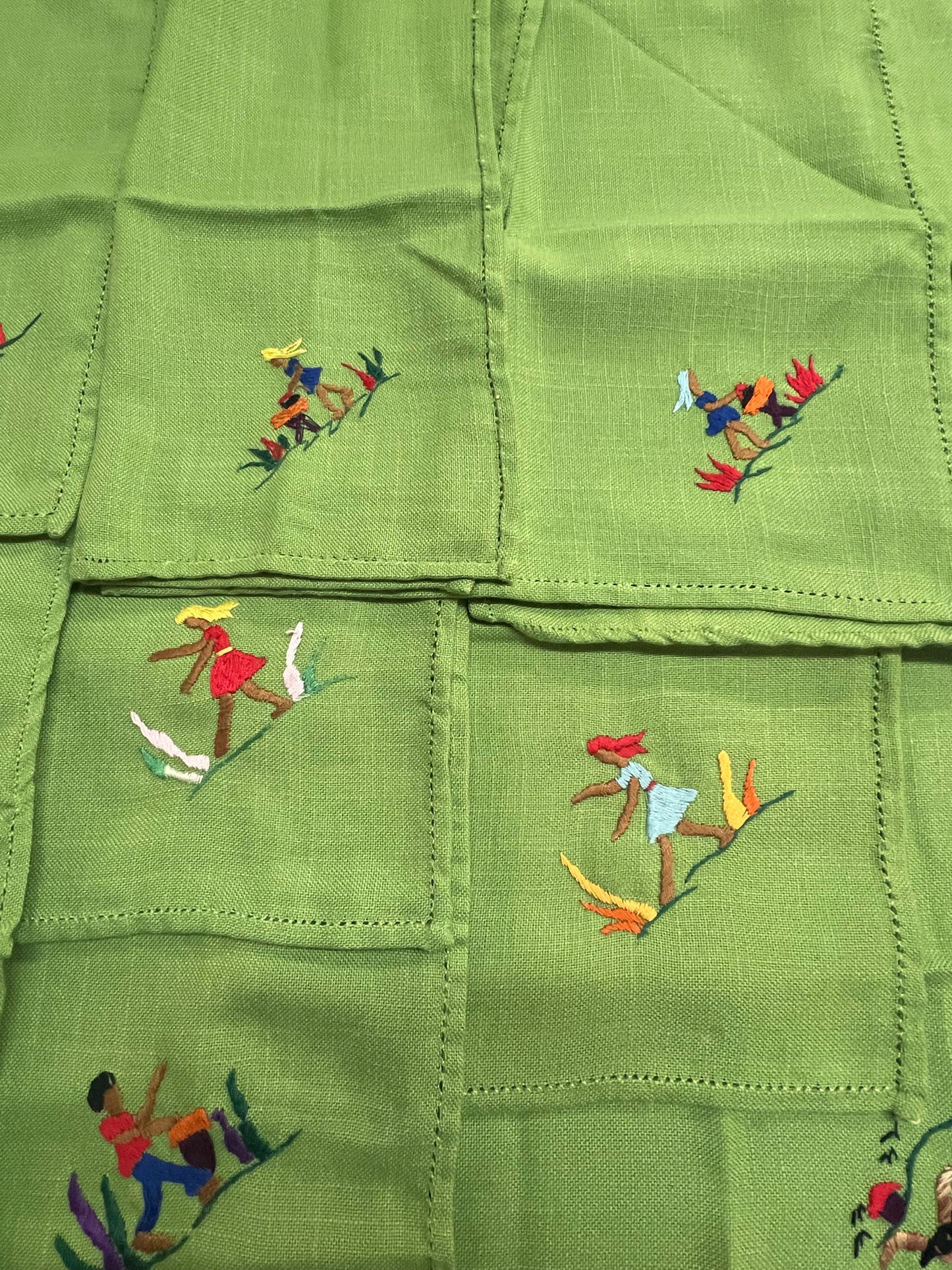 Vintage Mid-Century Embroidered Napkin Souvenir Set -Green Embroidered