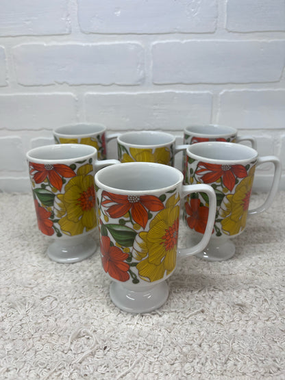 Set of 6 Circa 1970's Mod Flower Pedestal Mugs - Good Wood, Japan