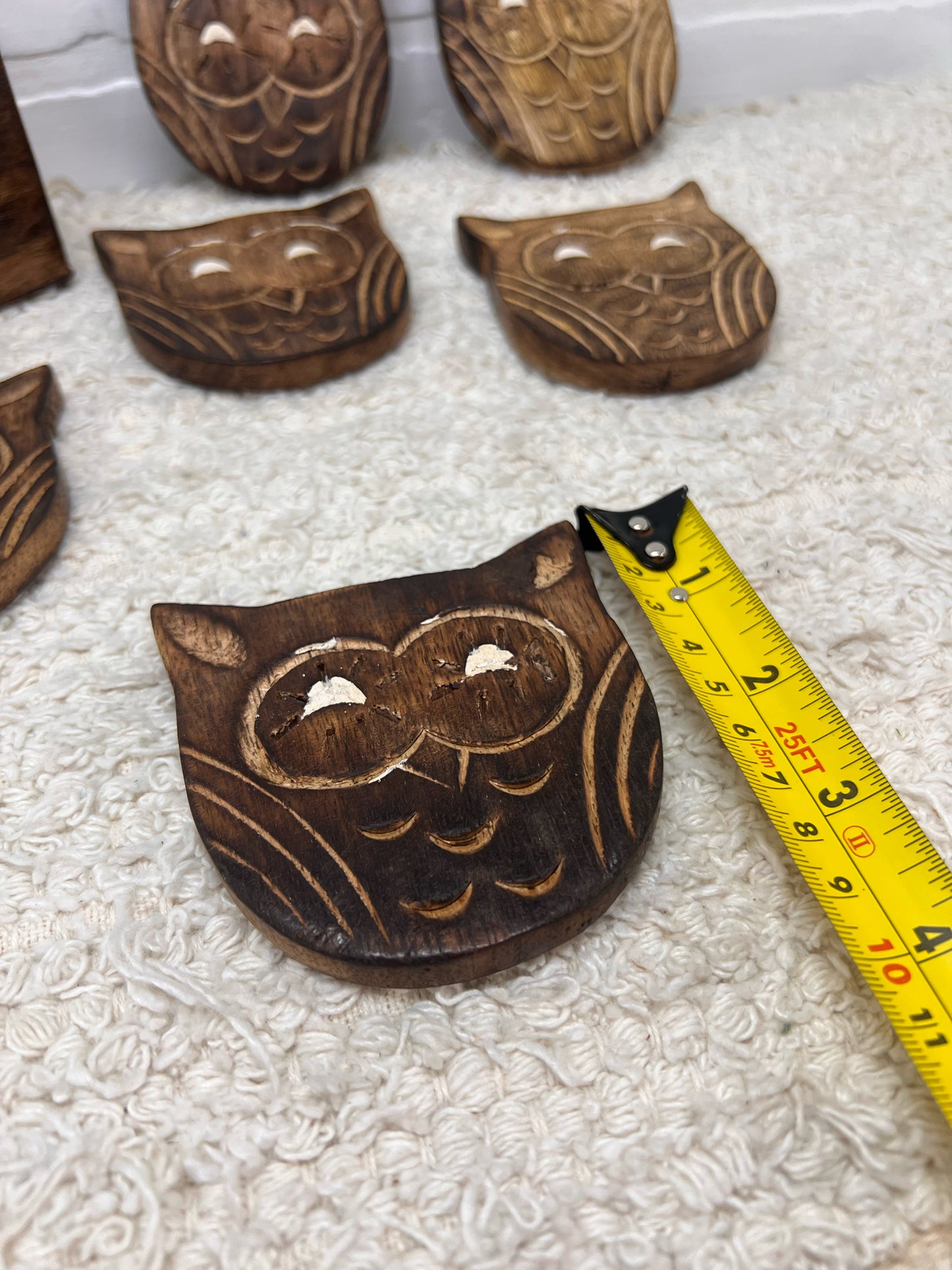 Vintage Wood Owl Coaster Set - Made in India - 6 coasters in box