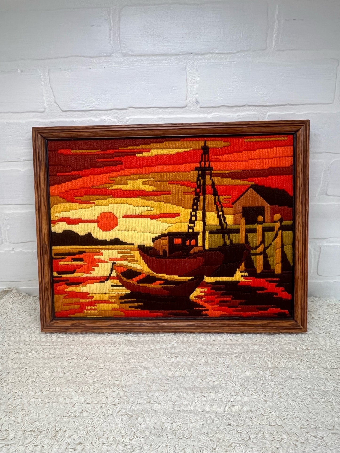 Crewel Work Piece - Golden Sunset Boat Scene