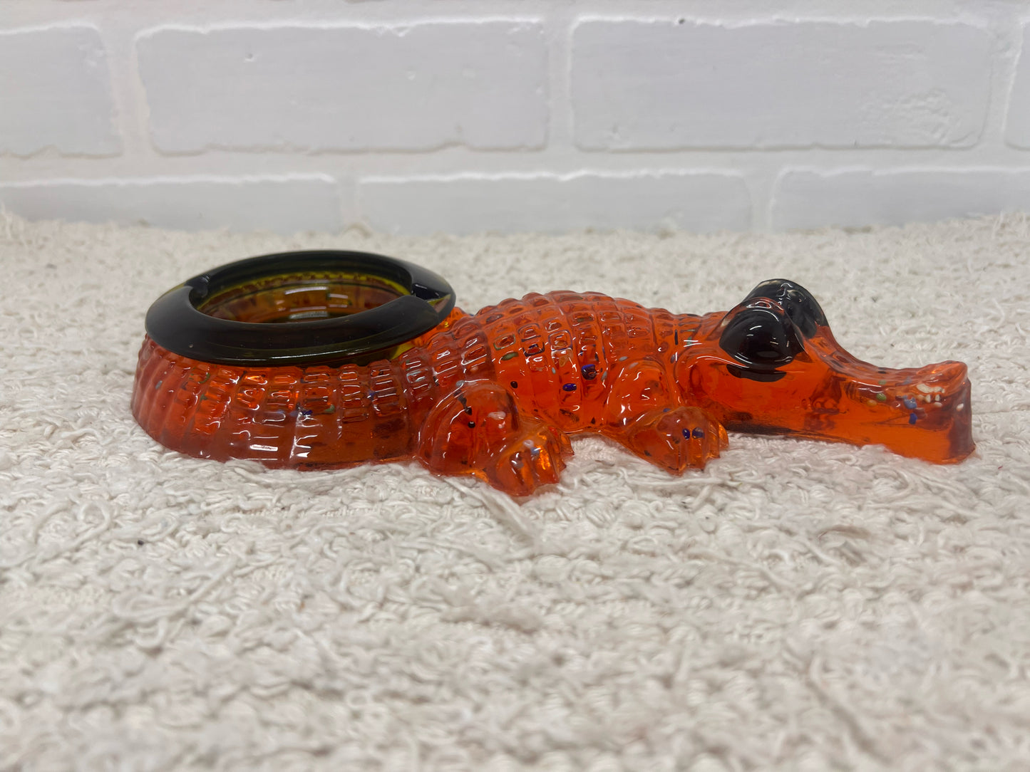 Vintage Lucite Alligator Ashtray - Orange Lucite with Green Glass Insert