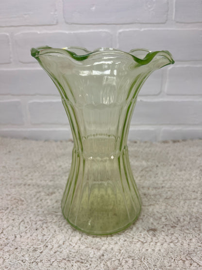 Vintage Uranium Glass Ruffle Top Vase 8"