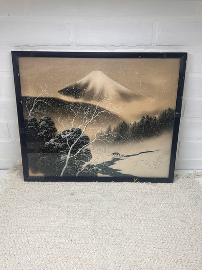Vintage Framed Painting on Silk - Japanese Snowy Mountain Scene