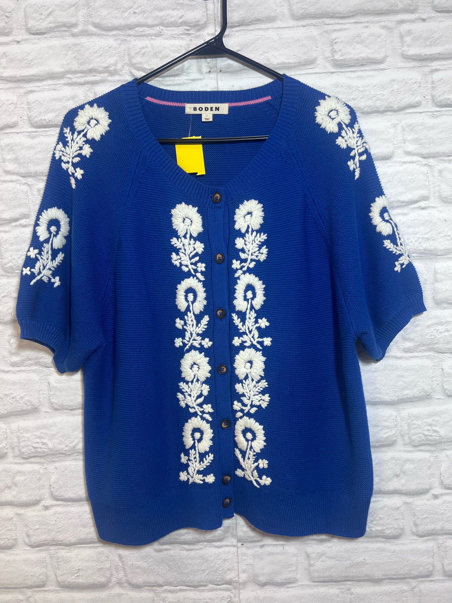 Size L Boden Blue Floral Embroidered Short Sleeved Cardigan Sweater