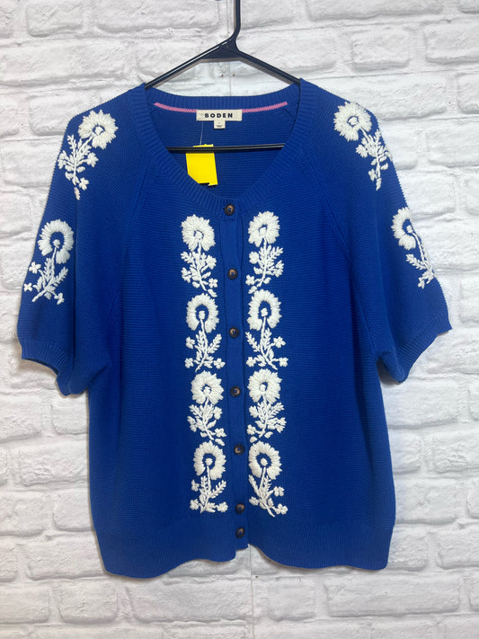 Size L Boden Blue Floral Embroidered Short Sleeved Cardigan Sweater