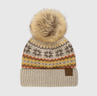 Cozy CC Fair Isle Pom Beanie | Winter Knit Hat in Neutral Tones