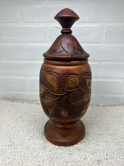 Vintage turned wood hand carved lidded urn