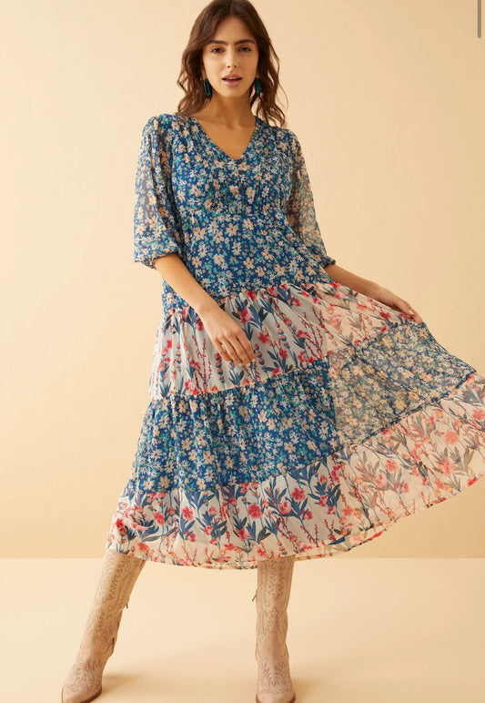 Myra Bag Cora Kay Drop Waist Dress in Blue Floral