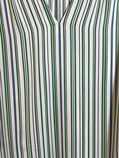 Size L CAbi Green White Blue Striped 3/4 Sleeve Blouse