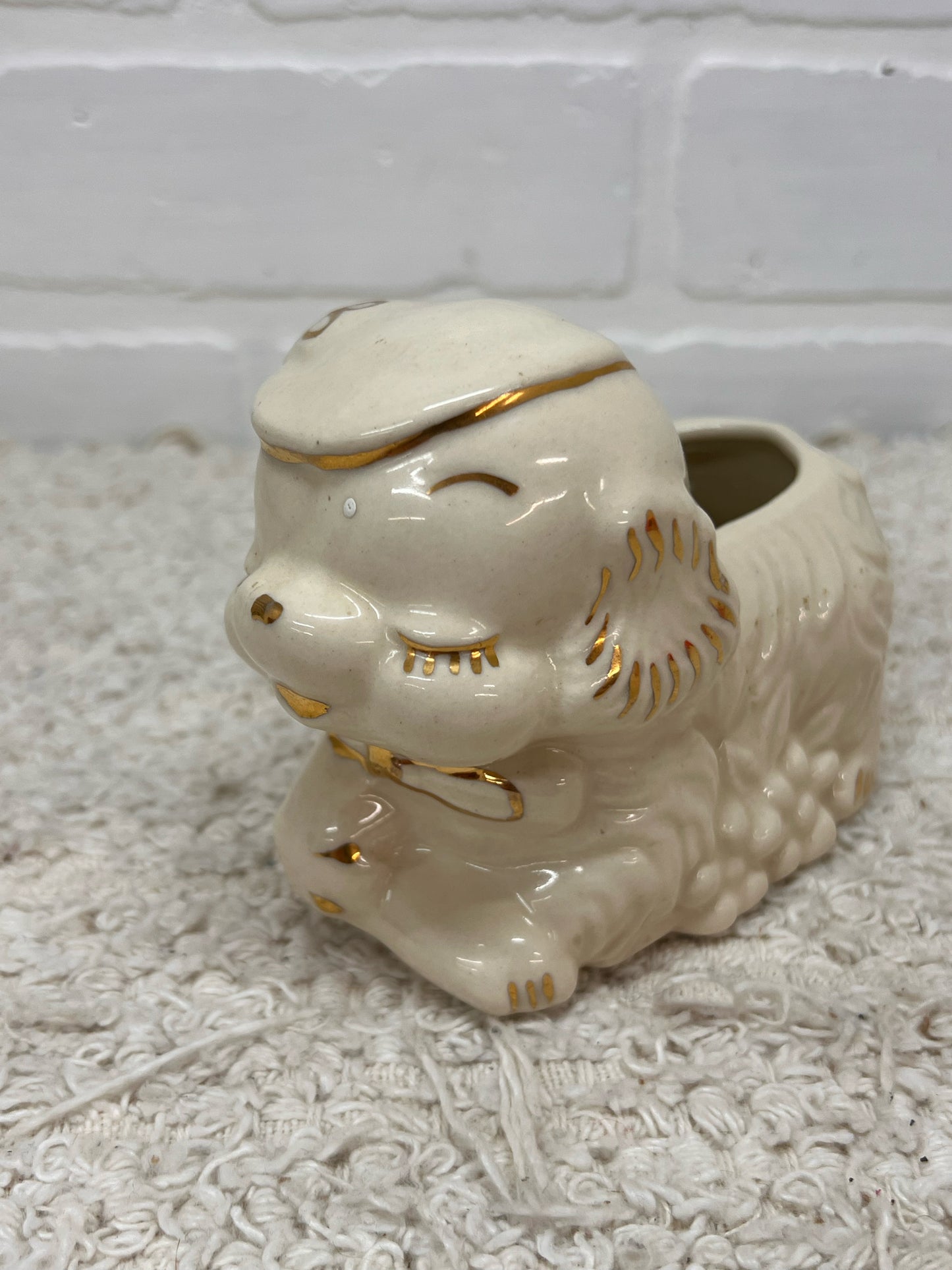 Vintage Sleeping Puppy Planter in Gold & White